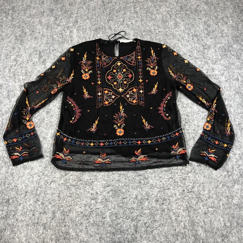 Zara Basic Blouse Womens Large Black Embroidered Sheer Mesh Floral Boho Top